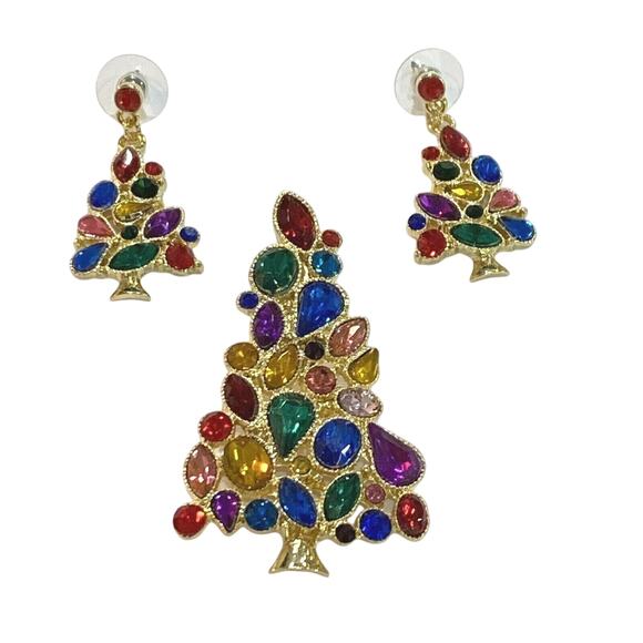 Rhinestone Christmas Tree Jewelry Set Brooch & Pierced Earrings Gold Multicolor - Picture 6 of 6
